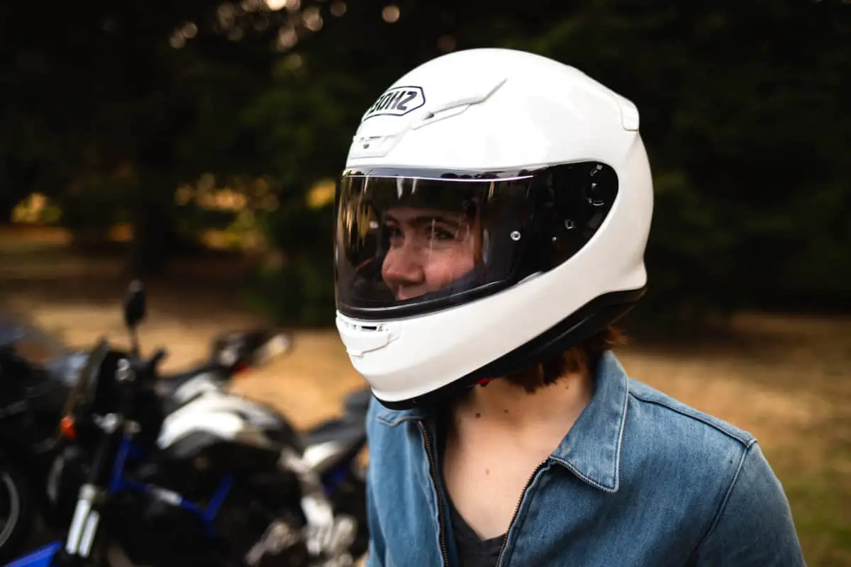 Doris trying out a new visor for her motorcycle helmet.